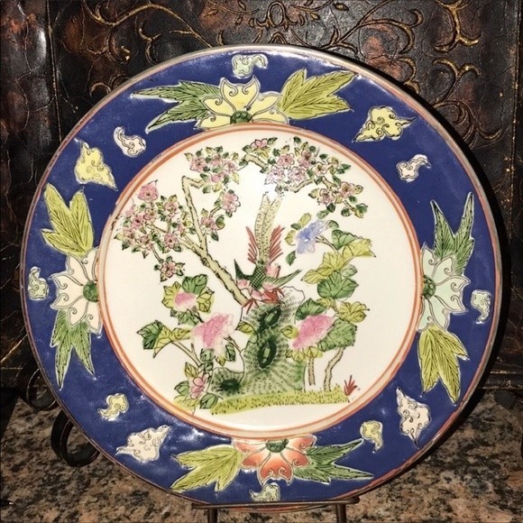 Vintage Oriental Porcelain Enamel Plate Blue Macau Qing Tungzhi mid century, - Picture 4 of 17